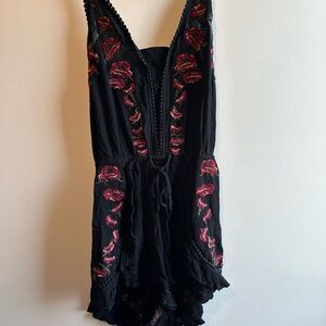 American Eagle Black Romper with Red Floral Embroidery